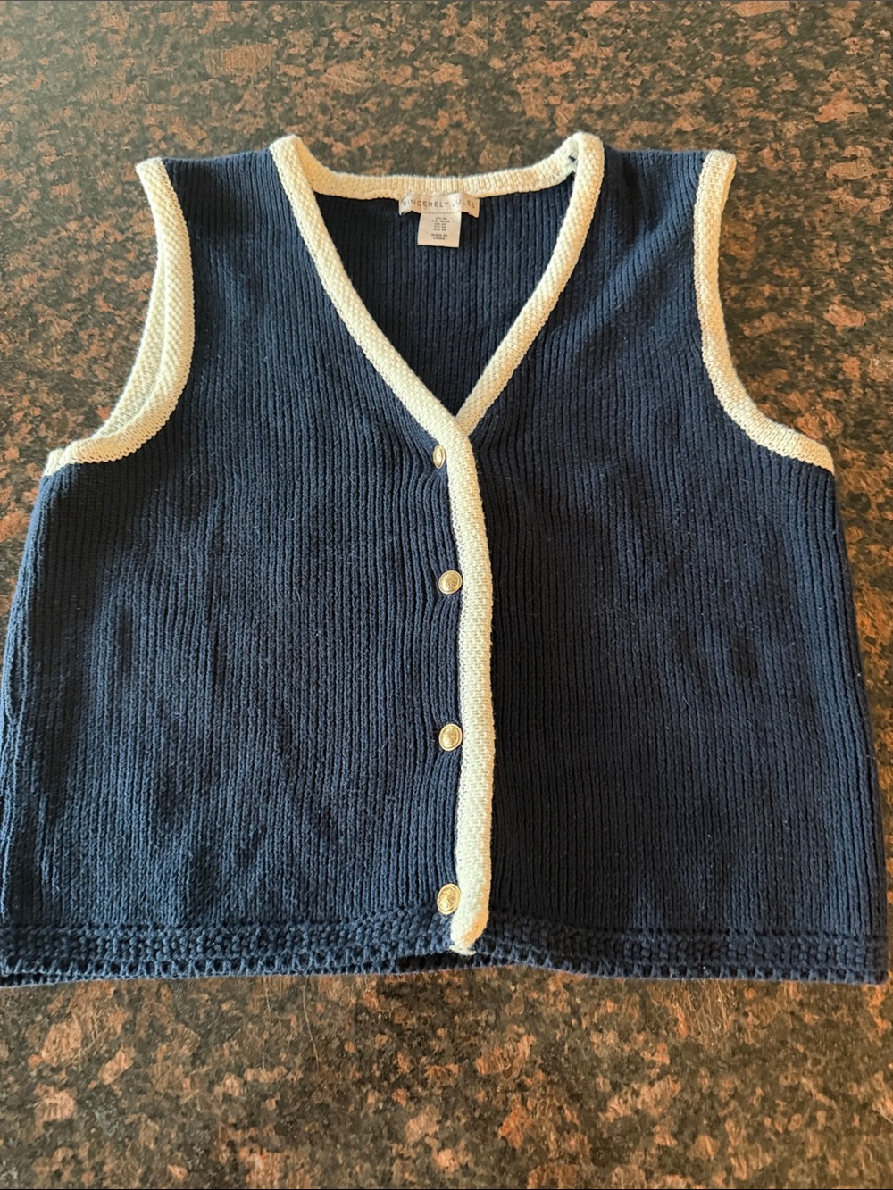 Classic Navy Knit Button-Front Sweater Vest with Cream Trim size medium